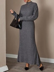 CLARA VERO Women's Elegant Rib Knit Ribbed High Neck Flare Hem Balloon Sleeve Knit Sweater Dress Comfy And Chic Winter - Grey - View 5