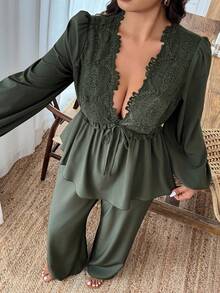 EMERY ROSE Plus Size Women's Contrast Lace Tie Waist Lantern Sleeve Shirt And Wide Leg Pants Casual 2 Pieces Set Fall Cloth For Women - Green - View 5