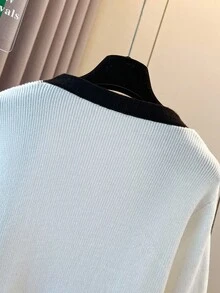 SHEIN Clasi Áo khoác cardigan viền khối màu tối giản, giản dị cỡ lớn, mùa thu - Đen và trắng - Xem 7