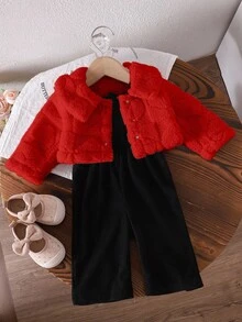 Baby Girl Solid Cami Jumpsuit & Button Front Teddy Jacket Fall Winter - Red - View 7