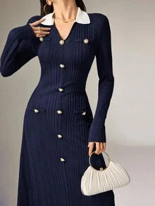 Heiryn 女士撞色纽扣装饰长袖中长连衣裙，优雅女装 - 藏蓝色 - 查看 5