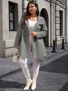 EMERY ROSE Plus Size Women's Solid Color Long Sleeve Pocket Drawstring Hooded Casual Trench Coat/ Winter - Dark Grey - View 4
