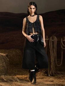 Easelle Camiseta de tirantes con decoración de cuentas y cordones, de moda para mujer, para el verano - Negro - Ver 5