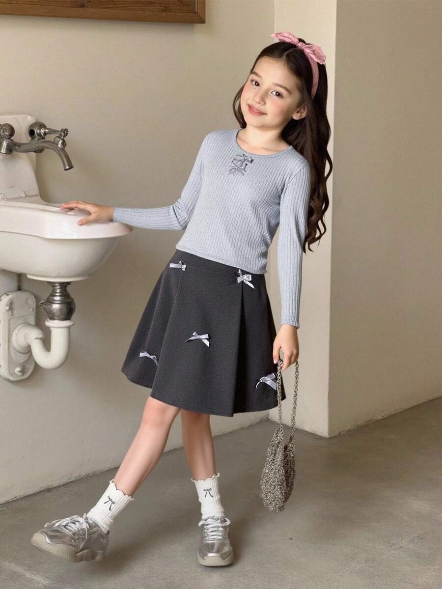 2pcs Set:Light Gray Crew Neck Bow Knit Sweater & Dark Gray A-Line Mini ...