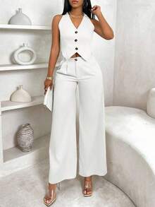 BamGleam Bộ 2 món áo vest đơn hàng khuy và quần ống rộng dáng rộng thoải mái dành cho nữ - trắng - Xem 5