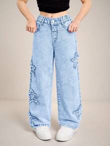 SHEIN Tween 女童 Y2K 粉色刺绣星星喇叭牛仔裤，时尚街头风格休闲百搭四季时尚女孩必备单品 - 淺色水洗藍 - 查看 3