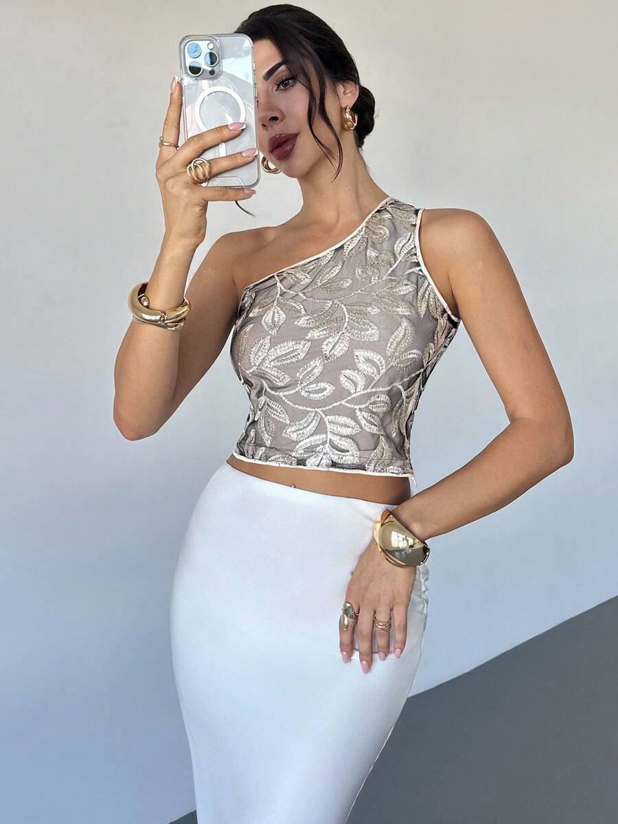 Firerie Women's Elegant Sequin Embroidered Jacquard One Shoulder Top,Gray Summer Party Gold Asymmetrical Birthday Top For Wedding Guest,Graduation,Prom,Work - Black - View 1