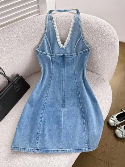 Comfortcana Váy ôm sát cơ thể mini denim hở lưng thường ngày dành cho nữ, màu xanh lam, trang phục mùa hè dành cho nữ, trang phục Rave, váy hở lưng, trang phục Gyaru, váy buộc phía trước, trang phục, quần áo Y2k dành cho nữ, trang phục hòa nhạc đồng quê, trang phục du ngoạn dành cho nữ, trang phục lễ hội dành cho nữ, trang phục hòa nhạc dành cho nữ, trang phục Rave lễ hội, trang phục cao bồi dành cho nữ