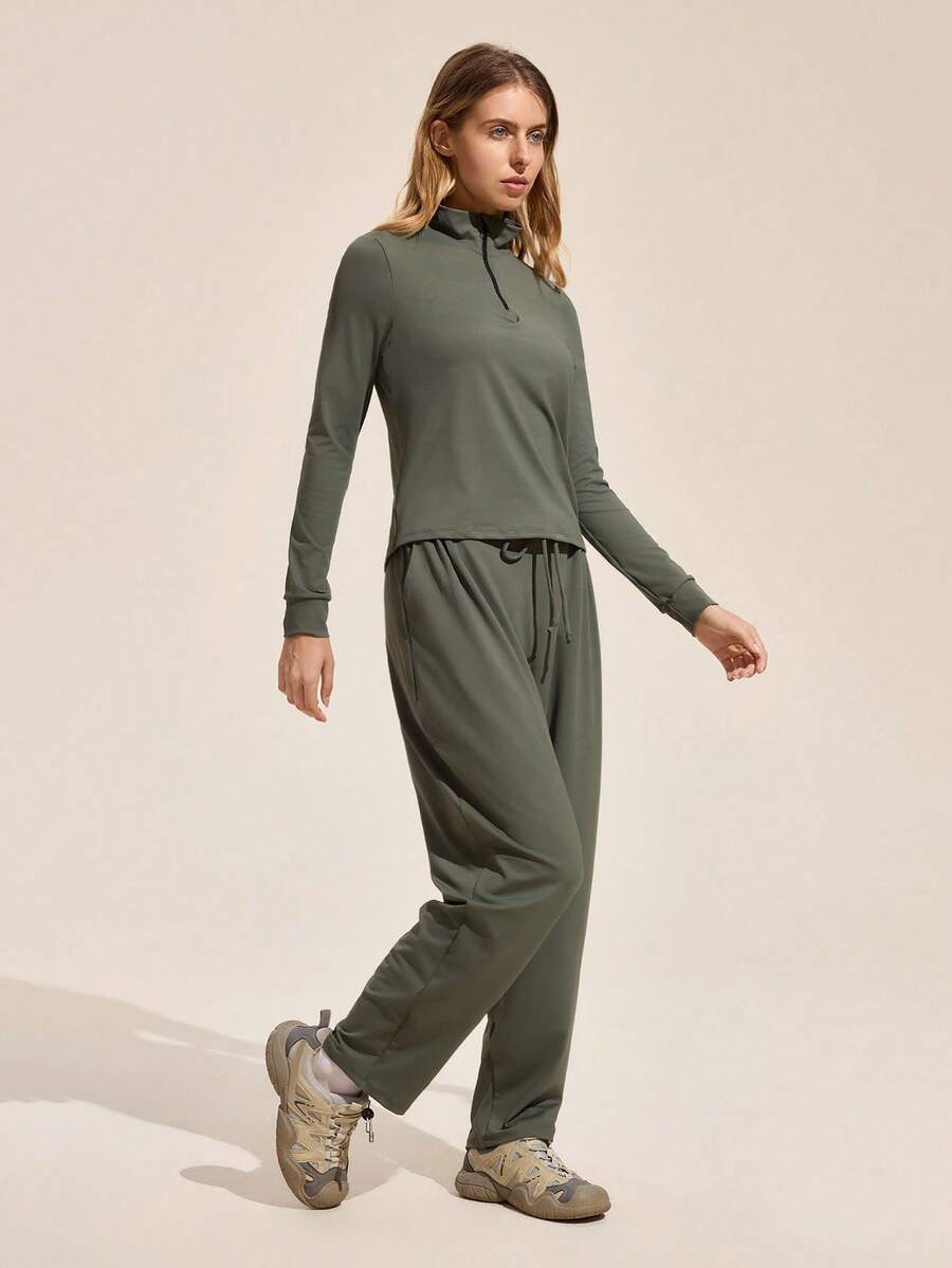 Exploreva Conjunto de top y pantalones de unicolor para mujer para exteriores - Verde militar - Ver 1