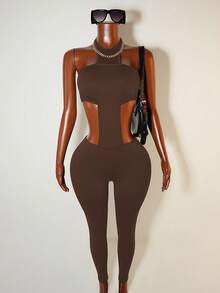 Mistrie Women's Sexy Minimalist Solid Color Backless Tie-Front Bodysuit, Summer - Brown - View 3