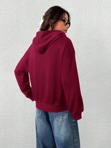 SHEIN EZwear 女士酒红色前拉链长袖连帽卫衣，简约休闲风，适合毕业典礼、返校、毕业典礼、女教师以及秋冬季返校穿着。 - 酒紅色 - 查看 2