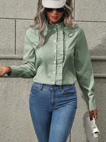 EMERY ROSE Women's Ruffle Collar Long Sleeve Striped Single-Breasted Casual Shirt - Dark Green - View 5