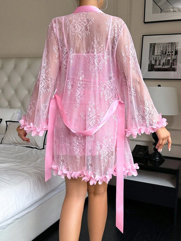 Seduluxe 2pcs Set: 3D Floral Lace Robe + Fishbone Waist Design Lace Camisole Nightgown Pink Lingerie Dress Lingerie Robe Set Sheer Robe Mesh Robe - Pink - View 2