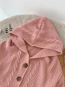 SHEIN Chaqueta de punto con capucha de unicolor informal para niña en otoño/invierno - Rosa - Ver 3