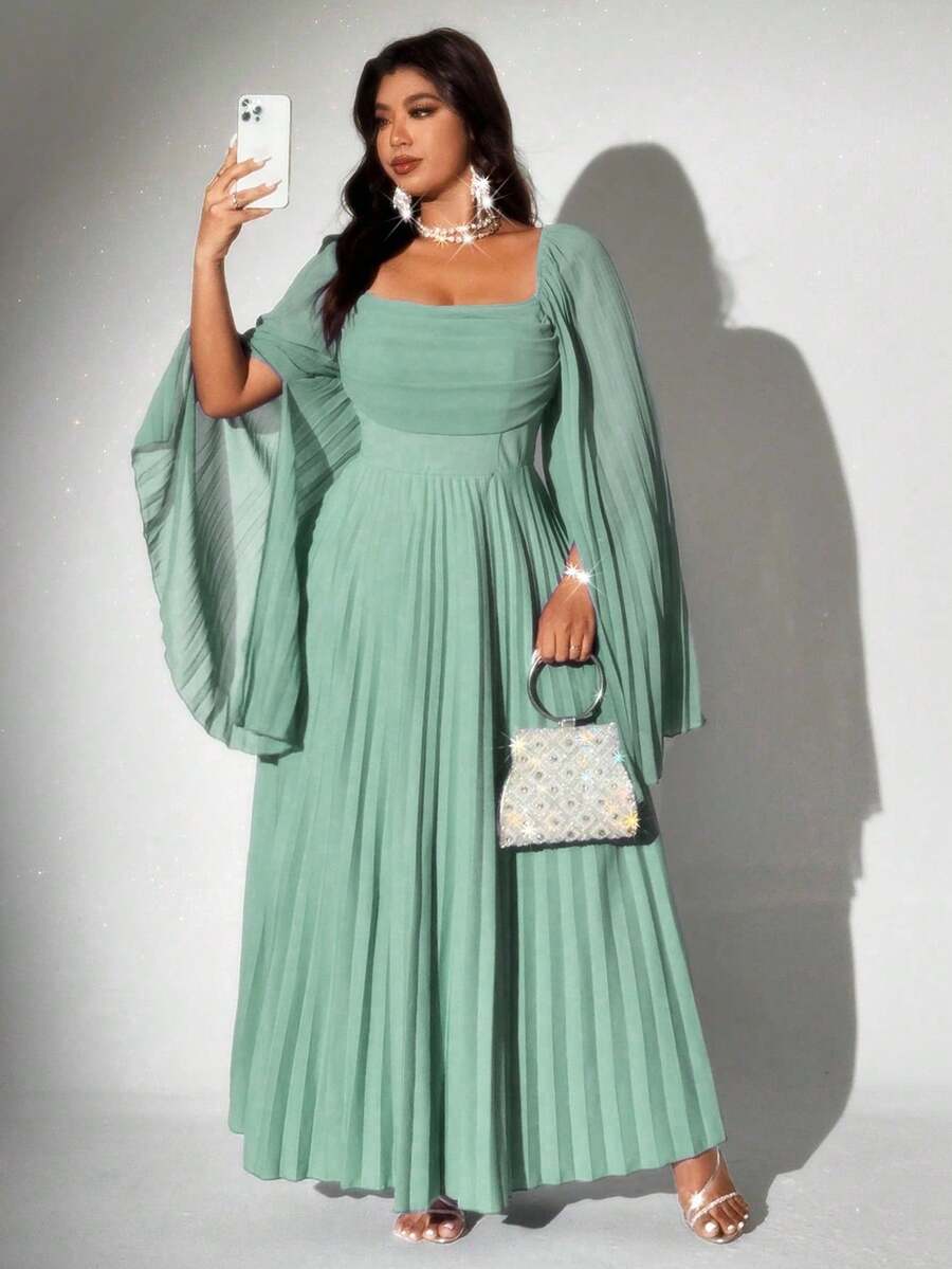 Viva Relle Vestido feminino plus size elegante romântico plissado de chiffon manga comprida - Menta verde - Ver 1