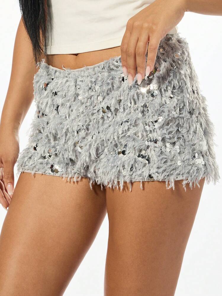 SUMWON WOMEN Textured Sequin Embellished Mini Booty Shorts With Shaggy Details