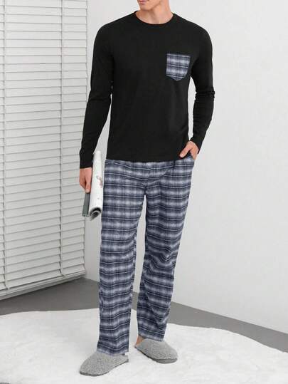 SHEIN Cottnline 2pcs/Set Men's Plaid Print Round Neck Long Sleeve T-Shirt And Pocket Pants