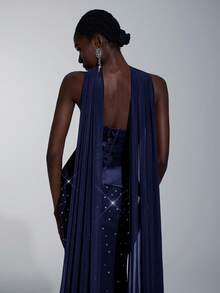 Elitara 优雅奢华重工水钻手工金属花朵贝壳领美人鱼尾正式女士晚礼服 - 藏蓝色 - 查看 8