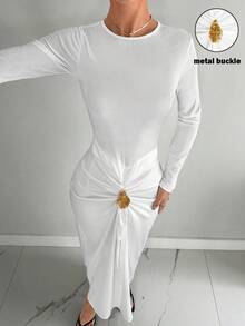 Siren Gaze Elegant White Maxi Dress, Fall Clothes For Women Autumn Winter Long Sleeve Bodycon Dress With Pleated Waist Gold Metal Buckle, Formal Chic Party Wedding Graduation Prom Dress For Work Date Halloween Christmas New Year, 2025 New High - End Old Money Style Luxury Casual Must - Have Evening Dress