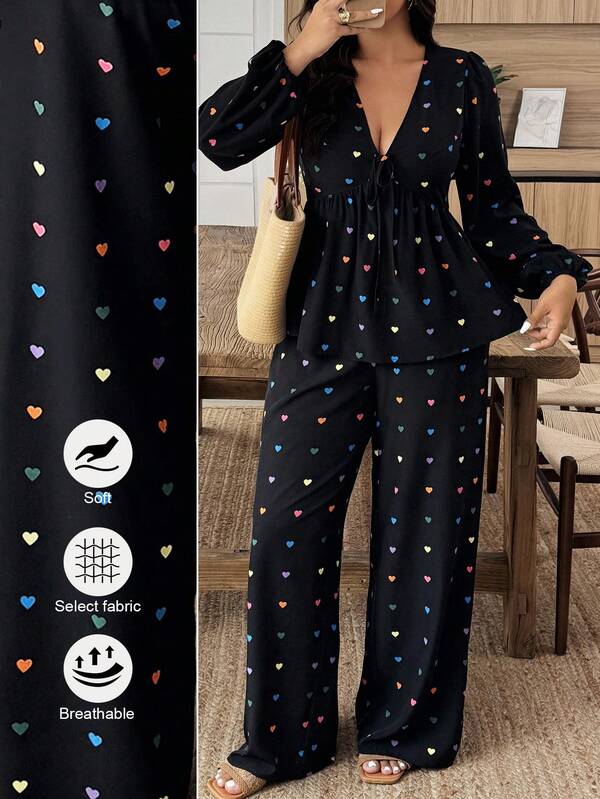 Weeklong Conjunto de 2 piezas de camisa de manga farol con nudo delantero y estampado de corazón, y pantalones de pierna ancha para mujer de talla grande