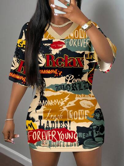 Slaydiva V-Neck Mini Dress/Summer Clothes For Women/Fall Clothes For Women/Casual & Simple Jersey Mini Dress/Y2K Clothes/Streetwear /Going Out Outfit/Vintage Poster Graphic