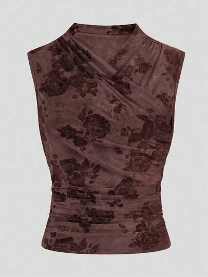 EMERY ROSE Top sin mangas ajustado con pliegues, versátil y casual para mujer