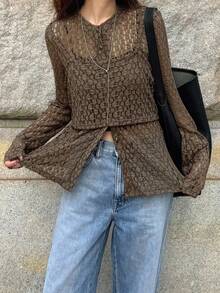 FRIFUL 2 件女士休闲套装：长袖单排扣上衣和吊带背心 - 棕色 - 查看 2