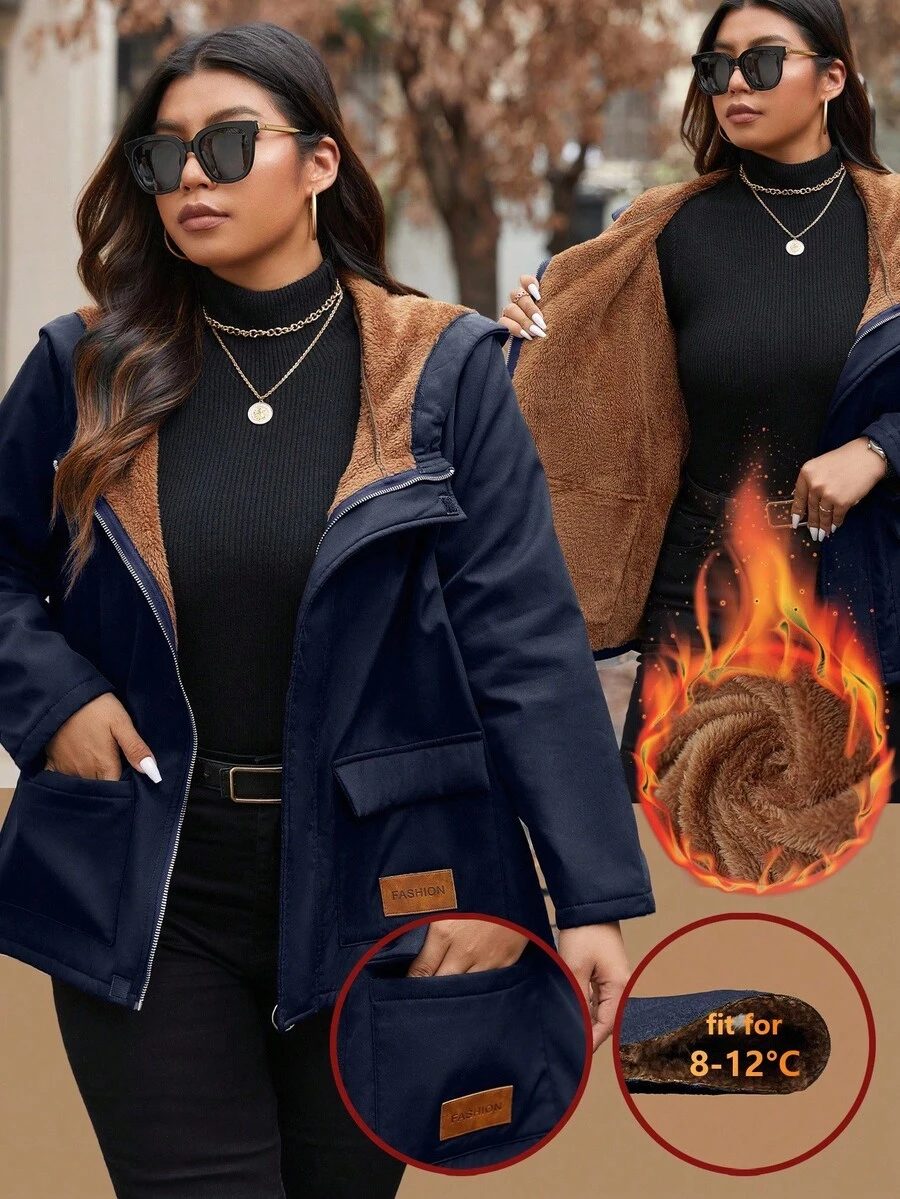 Plus Size Women Outdoor Warm Thermal Lined Zip-Up Jacket, Fall Autumn/Winter - Navy Blue - View 1