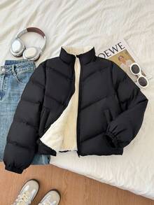 SHEIN معطف مبطن بياقة عالية مريح وعصري للفتيات المراهقات، بطول محصور وقصير، سهل الارتداء، مزود بسحاب، بتصميم بسيط وكاجوال للاستخدام اليومي، مُسمك للشتاء - الأسود - مشاهدة 3