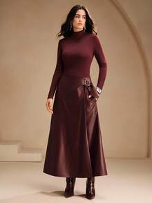 Anewsta Vestido elegante de manga larga de punto y PU para mujer en otoño/invierno, vestido ajustado de línea A largo en color burdeos, estilo streetwear, adecuado para otoño, invierno, Año Nuevo, fiestas, bodas - Burdeos - Ver 6