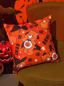 SHEIN X Care Bears 1 件万圣节熊印花靠垫套，45*45 厘米（不含枕芯），南瓜橙色，天鹅绒面料，柔软舒适 - 彩色 - 查看 6