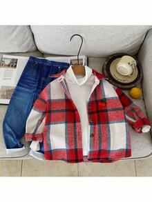 SHEIN 3pcs Young Girl Woven Plaid Casual Shirt, T-Shirt And Pants Set Fall Winter - Multicolor - View 3