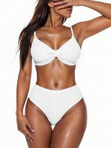 Swim Basics Women Summer Beach Solid Simple Daily Twist Bikini Set - White - View 5