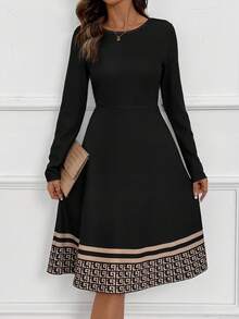 SHEIN Clasi 女士休闲几何条纹印花长袖圆领连衣裙，秋季 - 彩色 - 查看 5