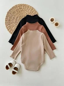 SHEIN 3件套女婴休闲可爱纯色长袖连体衣 - 黑色 - 查看 2