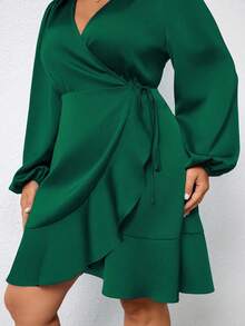 DreamSkyne Satin-Wickelkleid mit Laternenärmeln und Bindung an der Seite - Dunkelgrün - Übersicht 7