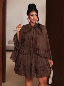 Maweii Bộ 2 món áo choàng poncho ren trơn màu thanh lịch cỡ lớn kèm chân váy - màu nâu - Xem 5