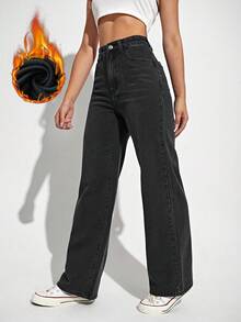 SHEIN EZwear Quần jean ống đứng lót nhiệt màu trơn đơn giản, thoải mái khi đi làm hàng ngày dành cho nữ, Thu/Đông - màu đen - Xem 5