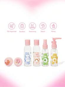 SHEIN X Care Bears Bộ 6 chai có thể tái sử dụng, in logo, thích hợp để đựng các sản phẩm chăm sóc cá nhân hoặc đồ tự làm, bao gồm 1 chai bơm, 1 chai xịt, 2 chai dưỡng thể, 2 lọ nắp vặn mini, gấu may mắn, gấu Funshine, gấu cổ vũ, gấu, gấu Love-A-Lot, gấu Tenderheart - Hồng - Xem 2