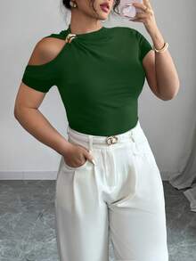SHEIN Plus Size Women Elegant Metal Decor Off Shoulder T-Shirt, Summer - Green - View 1