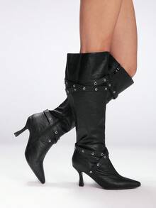 Sugerpunk 尖头细高跟时尚性感蛇皮网眼设计及膝靴，适合圣诞节、新年派对、约会之夜和春季休闲装 - 黑色 - 查看 8