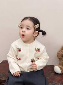 DAZY 女婴卡通动物印花长袖休闲针织开衫，秋季幼儿女童服装 - 米色 - 查看 1