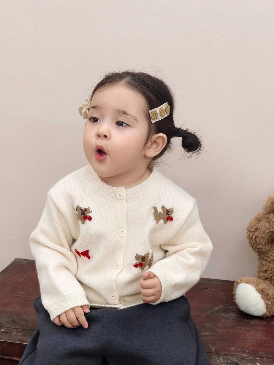 DAZY 女婴卡通动物印花长袖休闲针织开衫，秋季幼儿女童服装 - 米色 - 查看 1