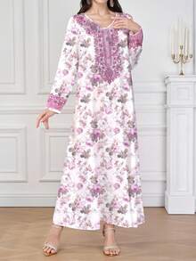 Al Najma Women's Purple V-Neck Long Sleeve Elegant Flowy Dress With Arabic Floral Retro Print Pattern, Sophisticated Neckline And Cuff Floral Designs On Classic Purple Motif Background, Polyester Material, Suitable For Home, Outings, Festivals, Parties, Wear,Women's Fashion Printed Robe Spring Women's Clothing,Modest