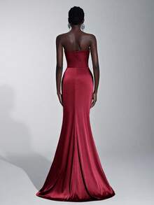 Elitara Elegante vestido largo de sirena con cintura fruncida, con adornos de strass hechos a mano y sin tirantes, adecuado para citas, vacaciones, bodas y eventos formales - Burdeos - Ver 2