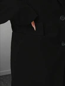 Elenzga 大码女式优雅翻领长款西装外套 + 裤子套装，杏色 - 黑色 - 查看 4