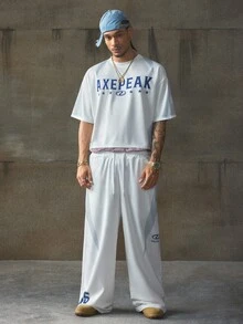 AXEPEAK Men's Contrast Color Patchwork Letter Print T-Shirt And Pants Set - Grey - View 1