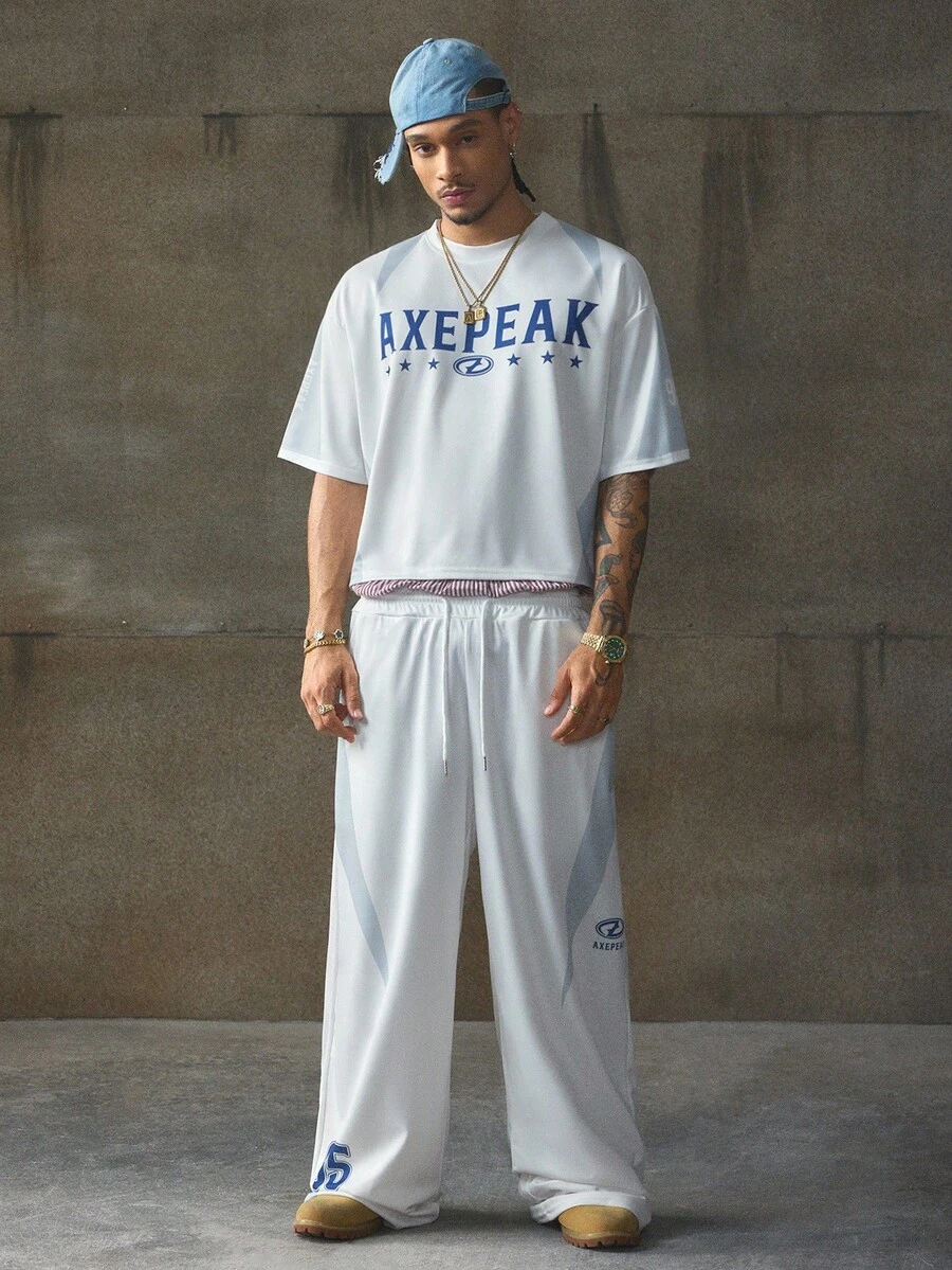 AXEPEAK Men's Contrast Color Patchwork Letter Print T-Shirt And Pants Set - Grey - View 1
