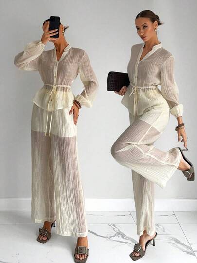 Siren Gaze Women's Solid Color Long Sleeve Single-Breasted Drawstring Waist Shirt And Wide Leg Pants Fashion 2 Pieces Set Beige Two Piece Set Blouse And Pants Set Mesh Two Piece Set See Through Two Piece Set Sheer Two Piece Set Winter Elegant