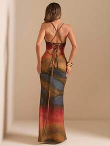 SHEIN BAE Váy Maxi tay dài in họa tiết, nhuộm loang, màu trơn thu đông, váy ôm sát cổ yếm hở lưng thanh lịch, gợi cảm, phù hợp cho những dịp trang trọng, tiệc cocktail, câu lạc bộ - Nhiều màu - Xem 3